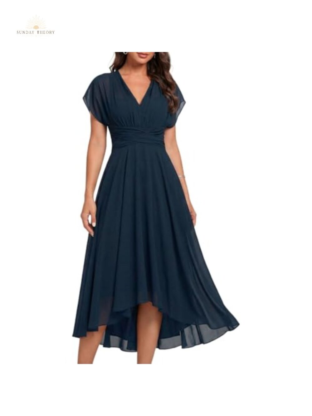 Chiffon Midi Dress Ruffle Short Sleeve Empire Waist Formal Party